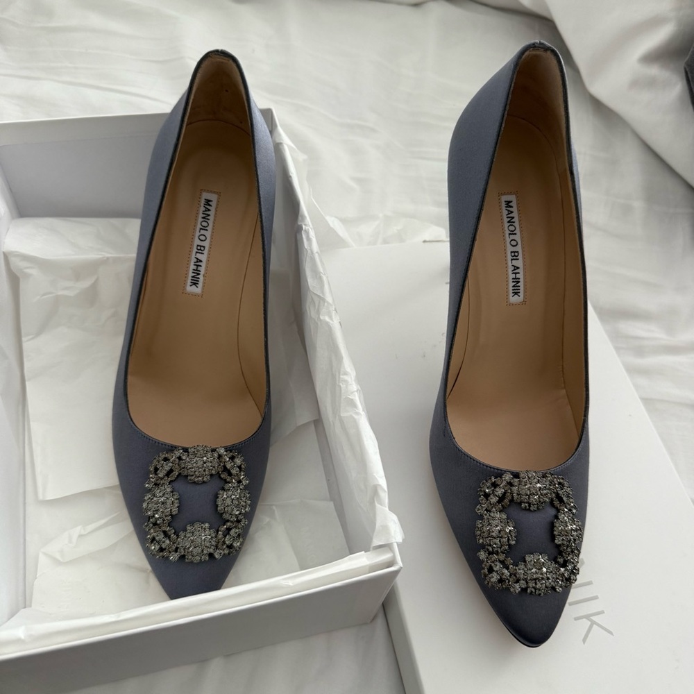 Manolo Blahnik Gray Satin Hangisi Jewel Buckle Heels - Picture 2 of 12